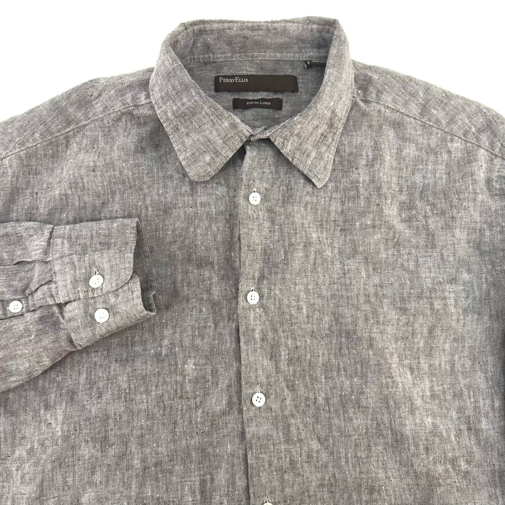 Perry Ellis Mens XL Brown Heather 100% Linen Long Sleeve Button Down Shirt